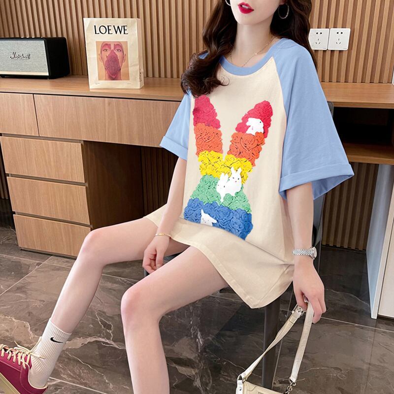 美人度アップ Tシャツ 可愛いウサギ 丸襟 半袖＜S-2824＞