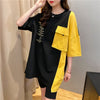 韓国系配色切り替えロングゆったり三色半袖Tシャツ＜S-1625＞