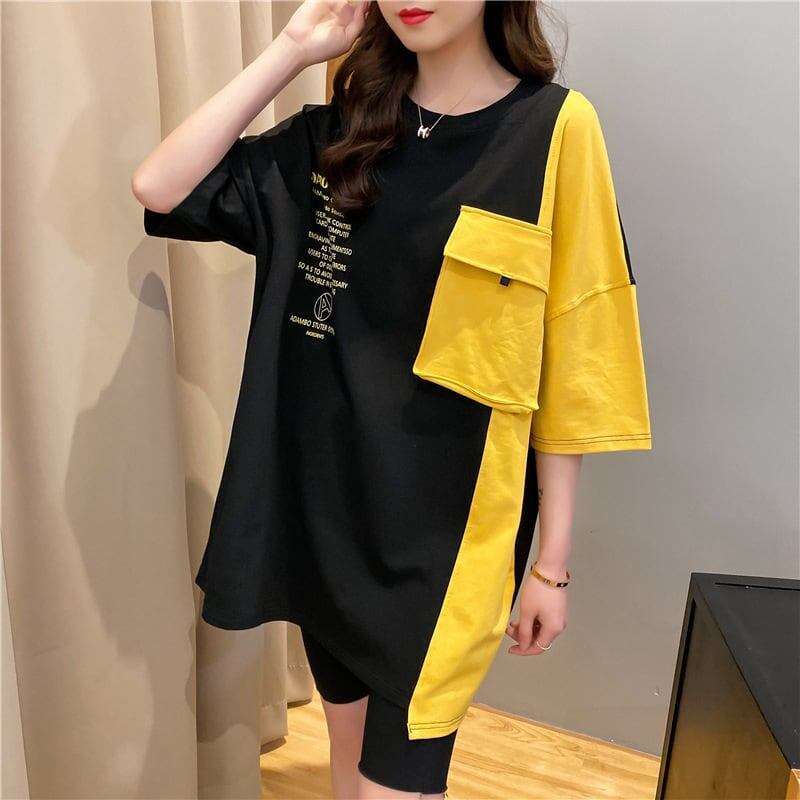 韓国系配色切り替えロングゆったり三色半袖Tシャツ＜S-1625＞