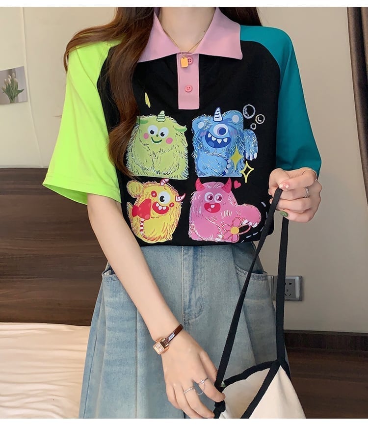 元気いっぱい カラーマッチング POLOネック プリント Tシャツ 半袖 ＜S-2979＞