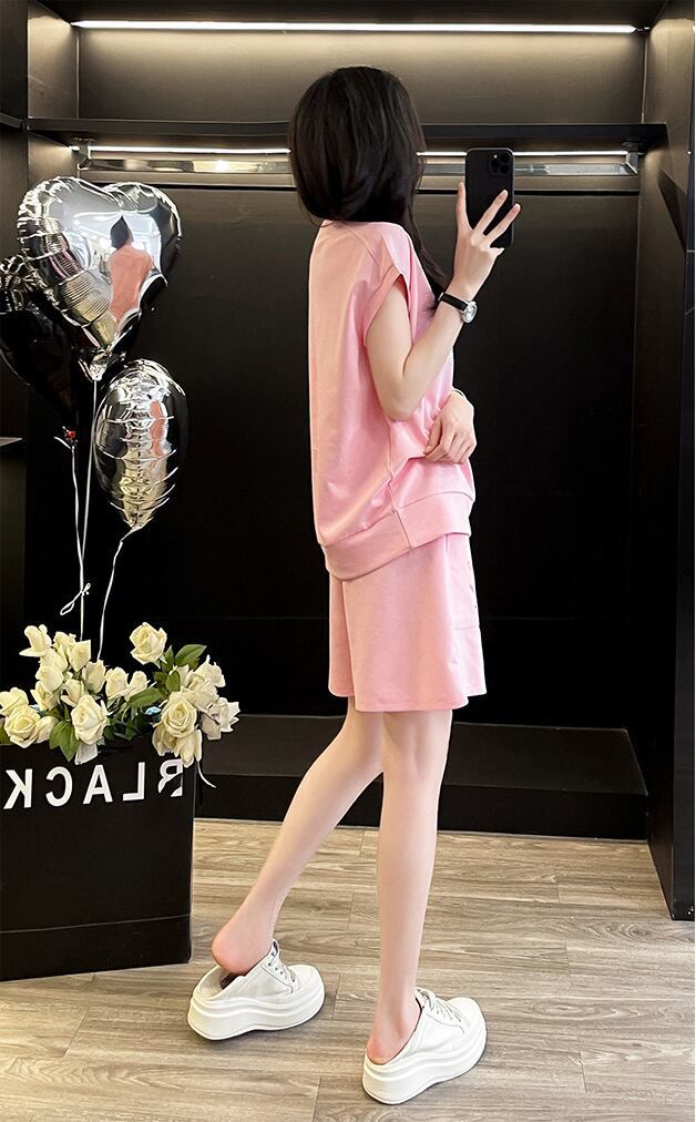 超人気 ホットダイヤモンド カジュアル プリント 半袖Tシャツ ショートパンツ セットアップ ＜S-9215＞