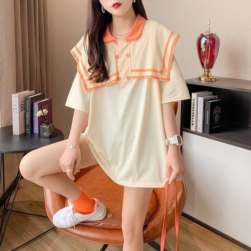 絶対欲しい ロング セーラーカラー Tシャツ 三色 ゆったりワンピース＜S-4028＞