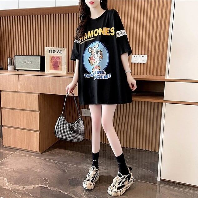 着心地良い レース切り替え リボン プリントTシャツ ゆったり半袖＜S-2889＞