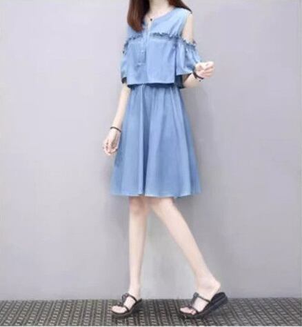 超人気 レイヤード風 ファッション 切り替え デニム 半袖ワンピース<S-8352>