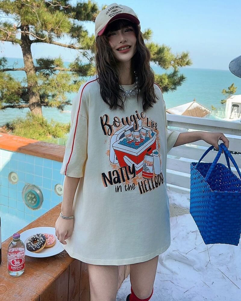 着せ ゆったり ビッグロゴ ロングTシャツ 半袖 ワンピース<S-4859>
