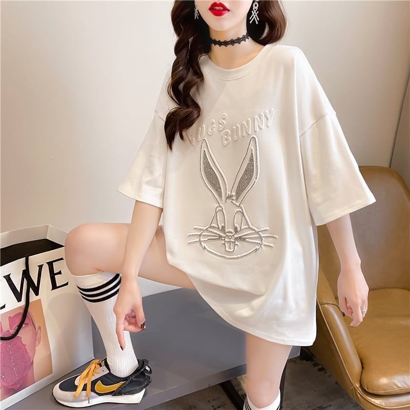 美人度アップ ウサギ ビジュー ロング Tシャツ 三色 ゆったり半袖＜S-2945＞