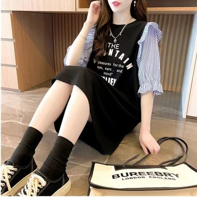 夏新作 カラーマッチング スカラップスリーブ ロング Tシャツ ゆったり 5分袖 ＜S-2854＞