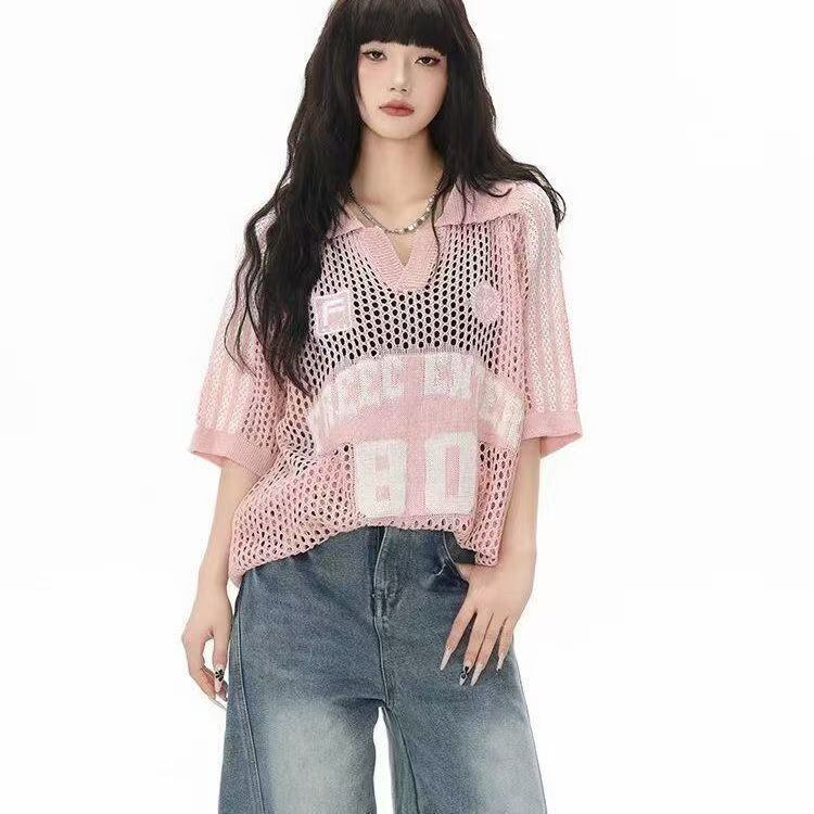 人気 プリント 透かし編み 半袖 Tシャツ <S-13183>