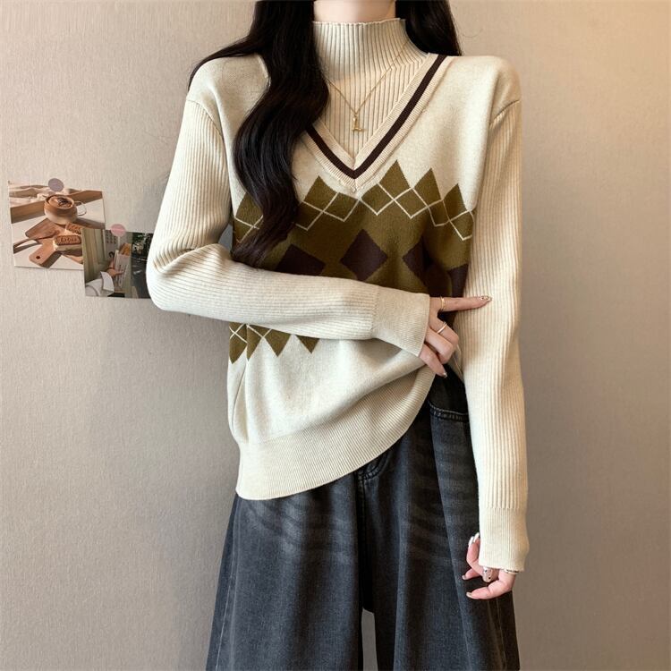 人気上昇中 レイヤード風 おしゃれ度高め 全2色 ニットトップス<S-9583>
