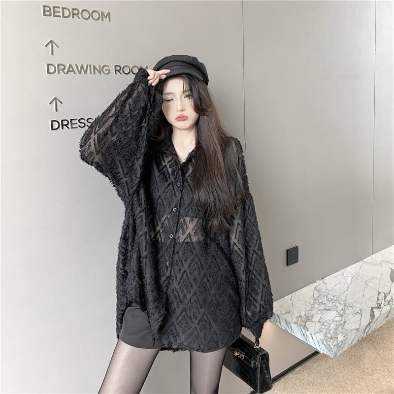 オシャレ度満点 POLOネック 好感度満載 透かし彫り シャツ ブラウス トップス＜S-2776＞