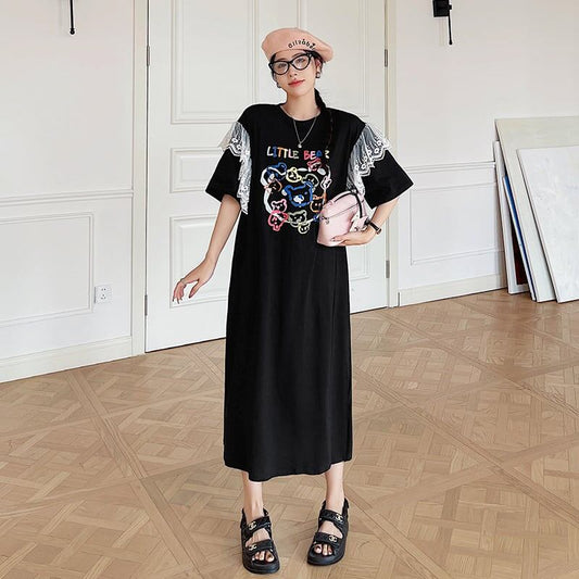 おすすめ レース ファッション 切り替え プリント Tシャツ カットソー ワンピース＜S-8535＞