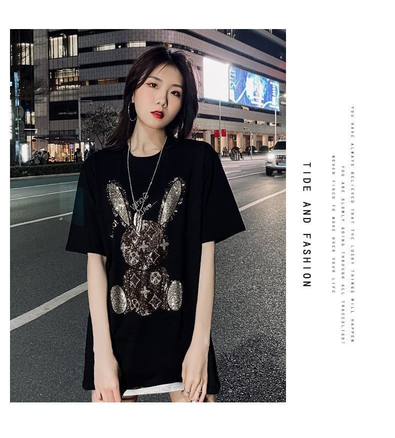 合わせやすい ビジュー ウサギ ロング Tシャツ ゆったり 半袖 ＜S-2887＞