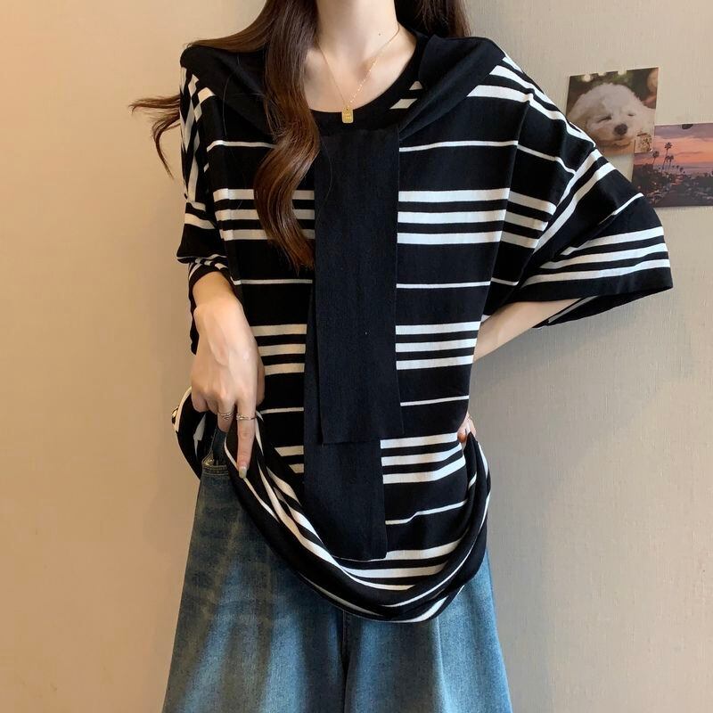 超人気 レイヤード風 カジュアル ストライプ柄 ゆったり 半袖 Tシャツ＜S-8797＞