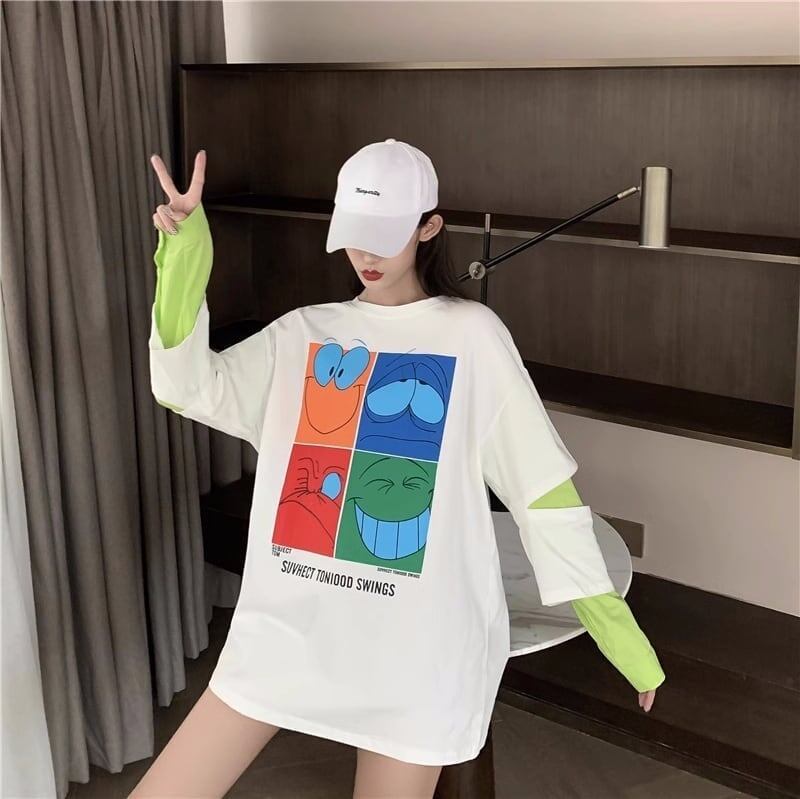見逃し禁止レイヤード  グラフィックプリント 二色長袖Tシャツ＜S-4065＞