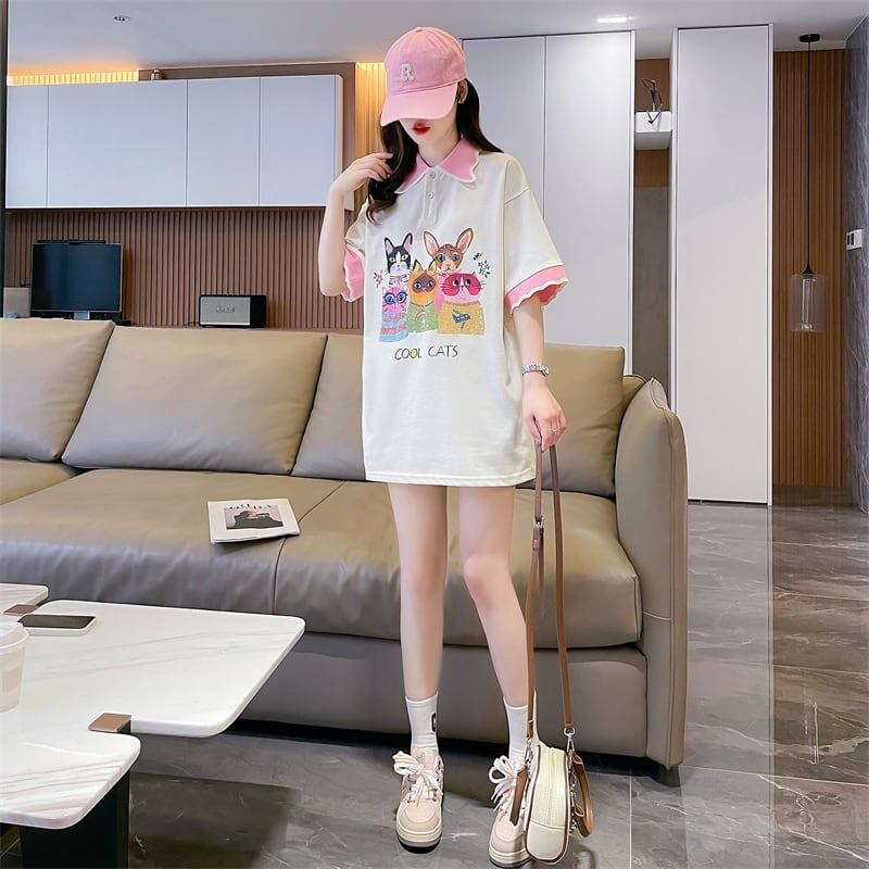 デザインセンスゆったりプリントトップラペルTシャツポロシャツ<S-2898>