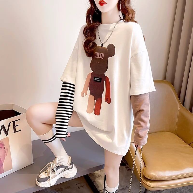 可愛いクマちゃんプリント レイヤード風 ストライプ柄 長袖Tシャツトップス＜S-4109＞