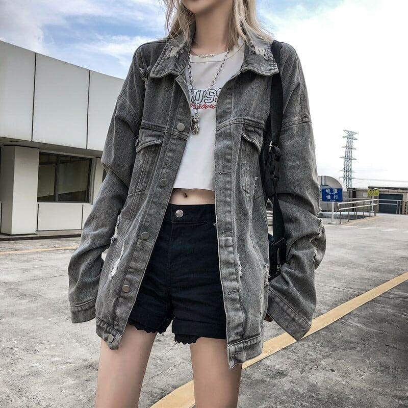 韓国風ルーズデニムジャケットレイジーストリートトップス<S-5099>