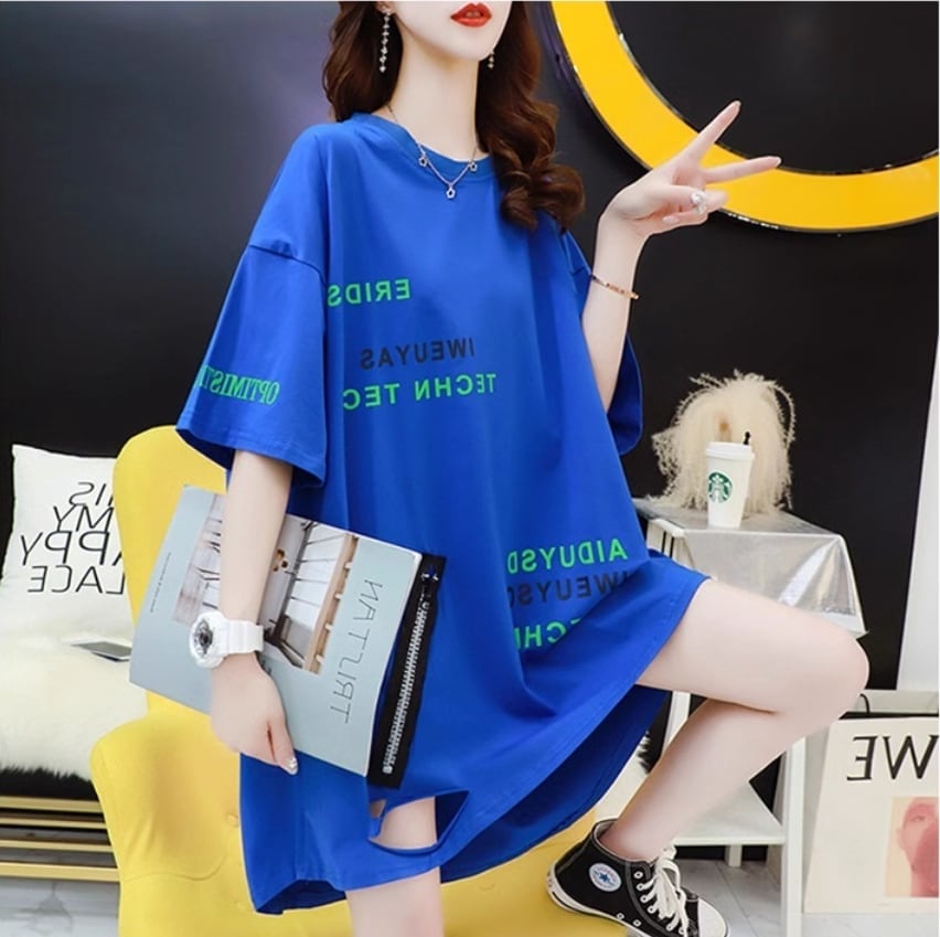 超人気 ダメージ加工 ゆったりロング丈 三色半袖Tシャツ＜S-8107＞