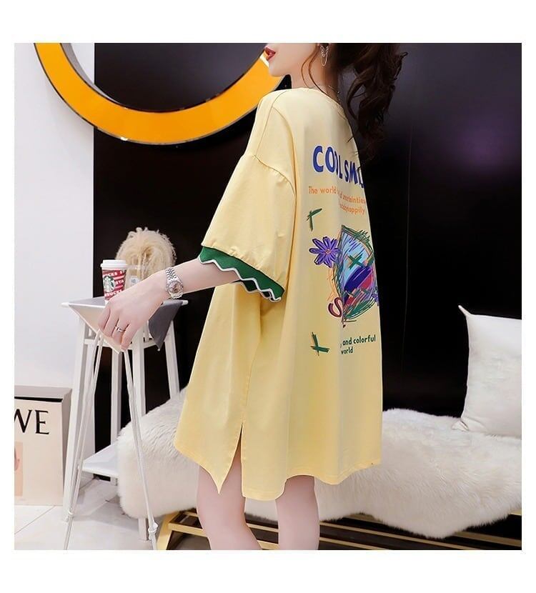 アルファベット プリント ドロップショルダー ロングTシャツ ゆったり＜S-2888＞