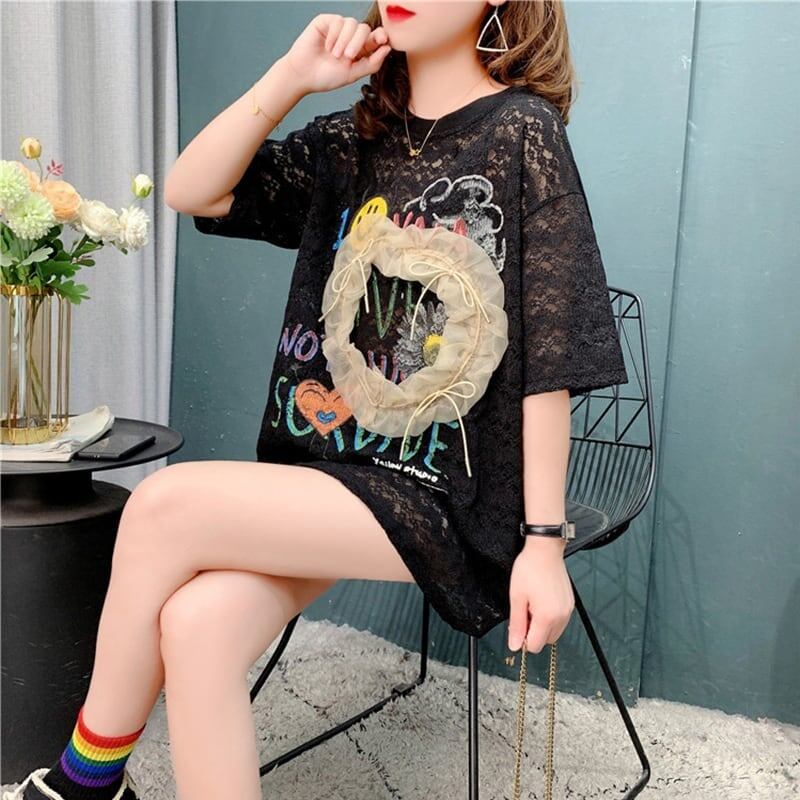 デザイン感 透かし彫り チャーミング プリント Tシャツ カットソー＜S-3199＞