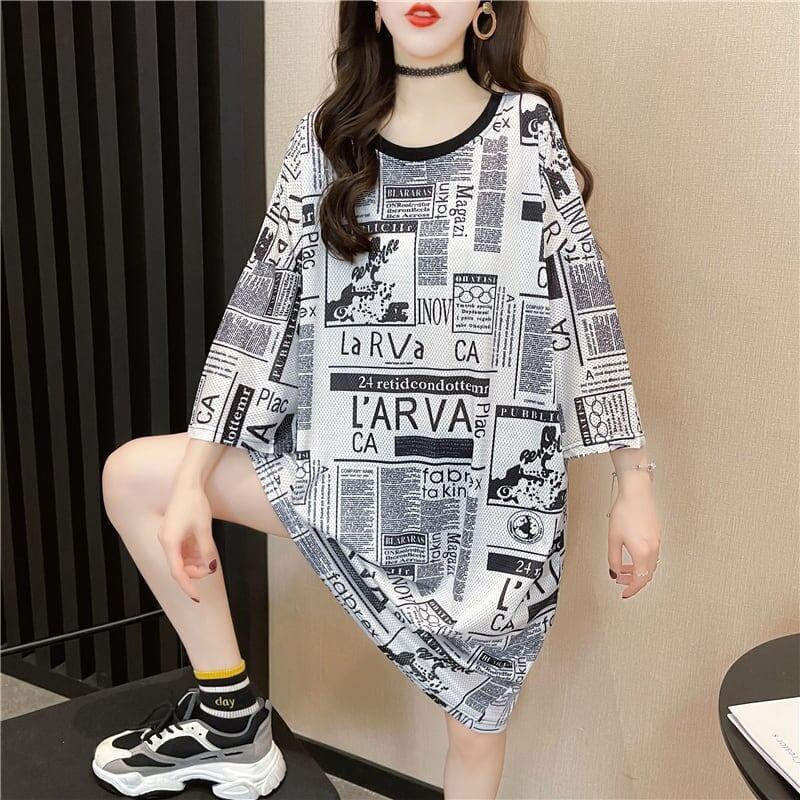 オシャレ度満点 プリント 一目惚れ 切り替え ワンピース Tシャツ カットソー＜S-3122＞