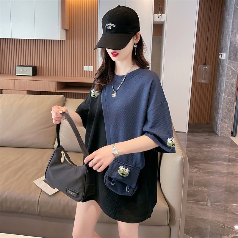 合わせやすい ワッフルTシャツ 切り替え かえるくん ゆったり半袖＜S-2992＞