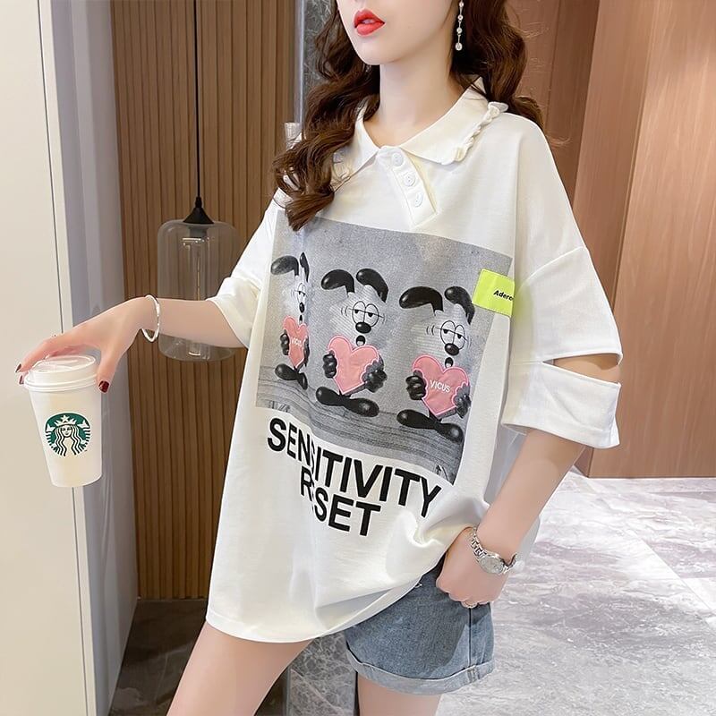 夏新作 アルファベットプリント POLOネック ロング Tシャツ ゆったりワンピース ＜S-3038＞
