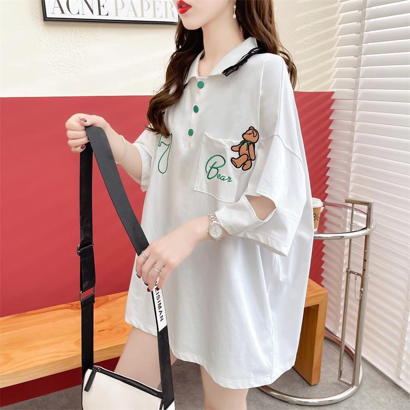 POLOネック ポケット ベアー レース ロング Tシャツ 三色 ゆったりワンピース＜S-3991＞