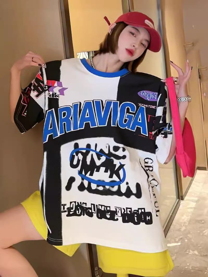スタイルアップ効果抜群 レース アバンギャルド ダブルプリント全2色 半袖Tシャツ<S-8980>