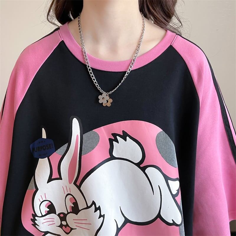 好感度UP グラフィック ストライプ柄 ラグランTシャツ ゆったり ワンピース＜S-3994＞