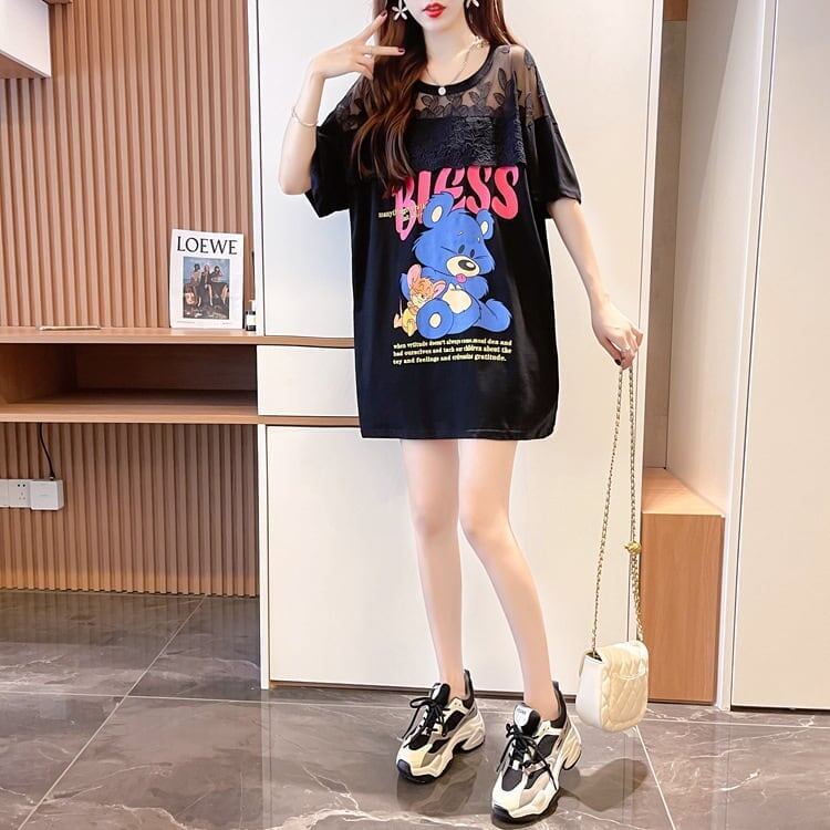ファッションデザインレースミドル丈半袖Tシャツ<S-3017>