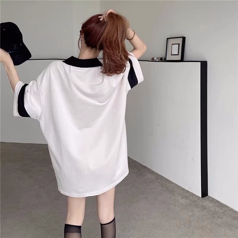 韓国系 オーバーサイズ POLOネック グラフィック ロング Tシャツ 三色 ゆったりワンピース＜S-4025＞