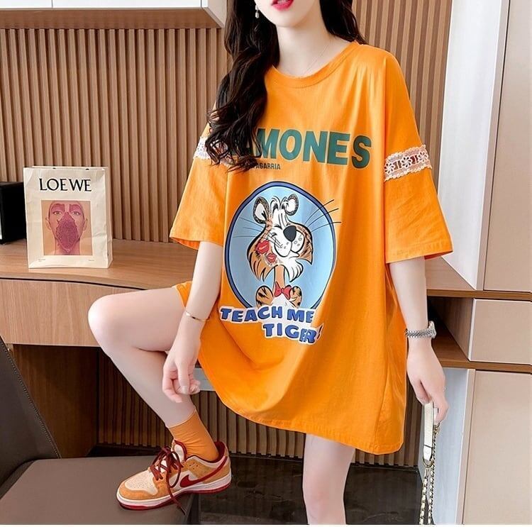 着心地良い レース切り替え リボン プリントTシャツ ゆったり半袖＜S-2889＞