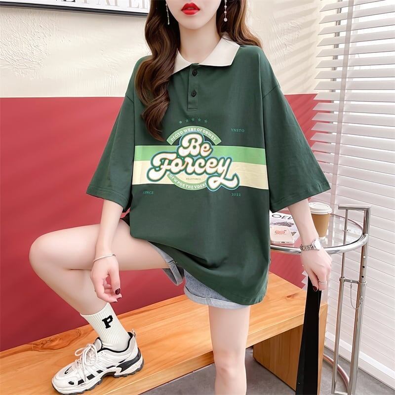 スタイルアップ グラフィック POLOネック ドロップショルダーTシャツ ゆったり半袖 ＜S-3048＞