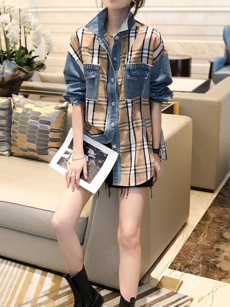 大好評 ファッション 売り切れ必至 チェック柄 切り替え デニム Tシャツ ＜S-9220＞