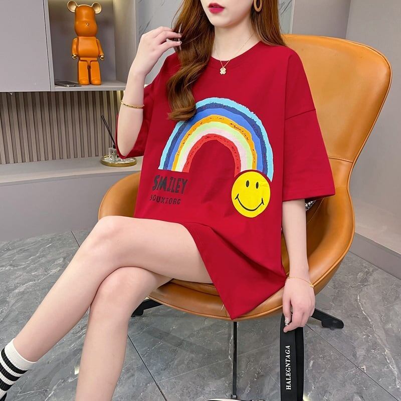 レインボースマイリーファッションオールマッチルーズ半袖Tシャツ<S-2860>