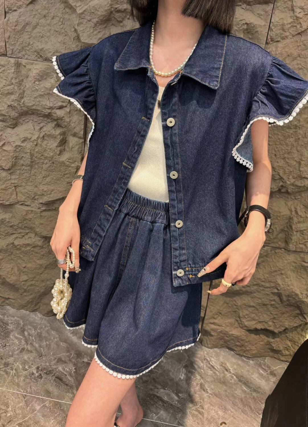 大好評 ファッション 売り切れ必至 2色選択 デニム 半袖 Tシャツ+ 短いスカート セットアップ ＜S-8992＞