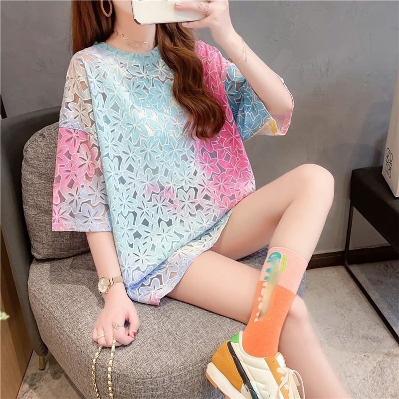 オシャレ度満点 ラウンドネック スタイリッシュ 透かし彫り Tシャツ カットソー＜S-2957＞