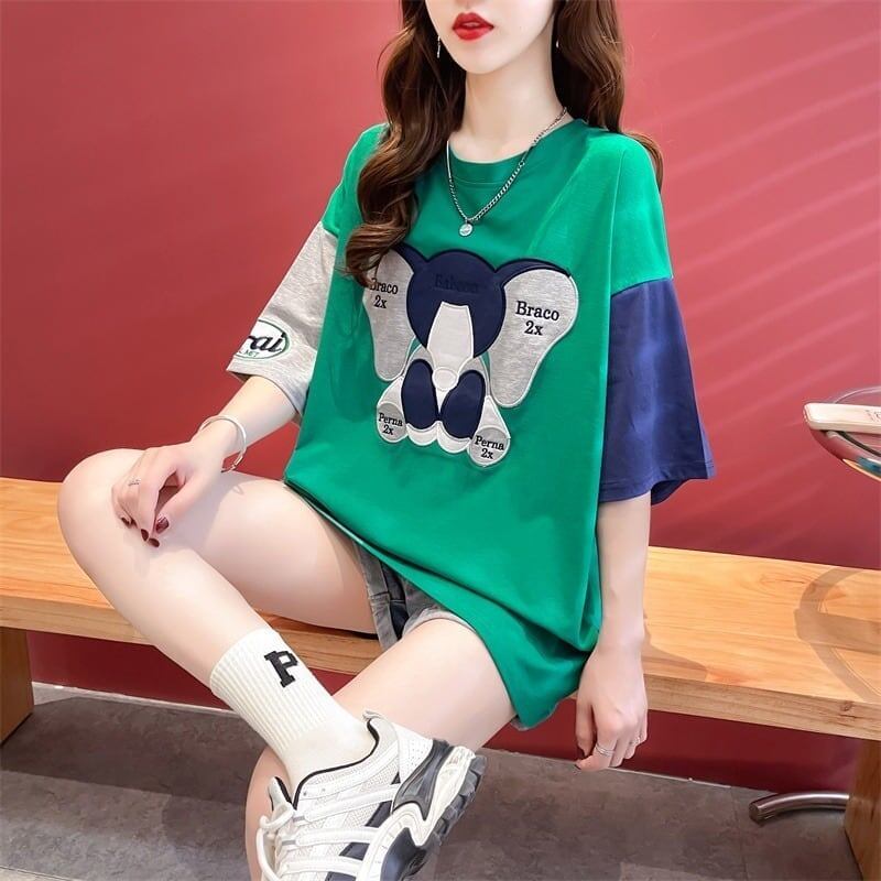 気質漫画カラーマッチング偽ツーピース半袖Tシャツ<S-2997>