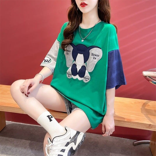 気質漫画カラーマッチング偽ツーピース半袖Tシャツ<S-2997>