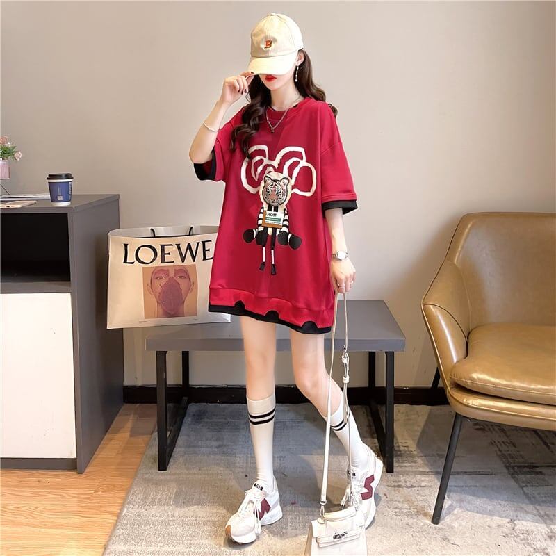 気質ルーズ漫画プリントミッドレングス半袖Tシャツ<S-3026>