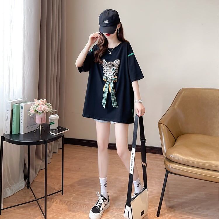 質感のいい 猫刺繍 立体のリボン ロング Tシャツ ゆったり半袖 ＜S-2919＞
