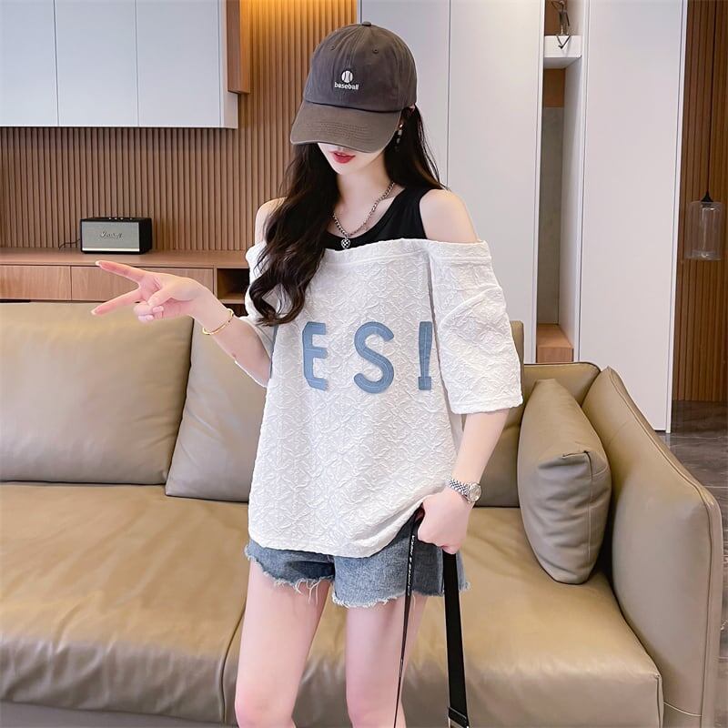 新商品 ゆったり カジュアル プリント オープンショルダー 2色 半袖Tシャツ＜S-8282＞