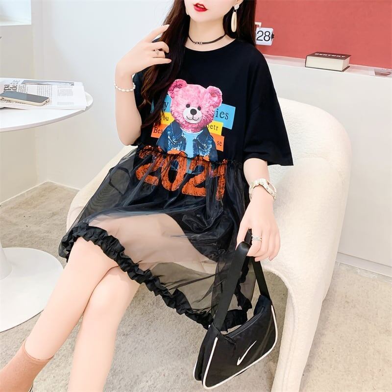 デザインセンスレースステッチフェイクツーピース半袖Tシャツワンピース<S-2964>