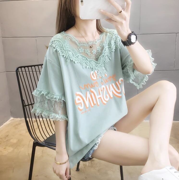 エレガントなレースステッチ半袖Tシャツ<S-3030>