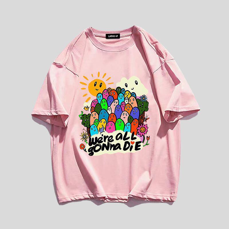 スタイルアップ効果抜群 キュート カジュアル ルーズ プリント全6色 半袖Tシャツ<S-8970>