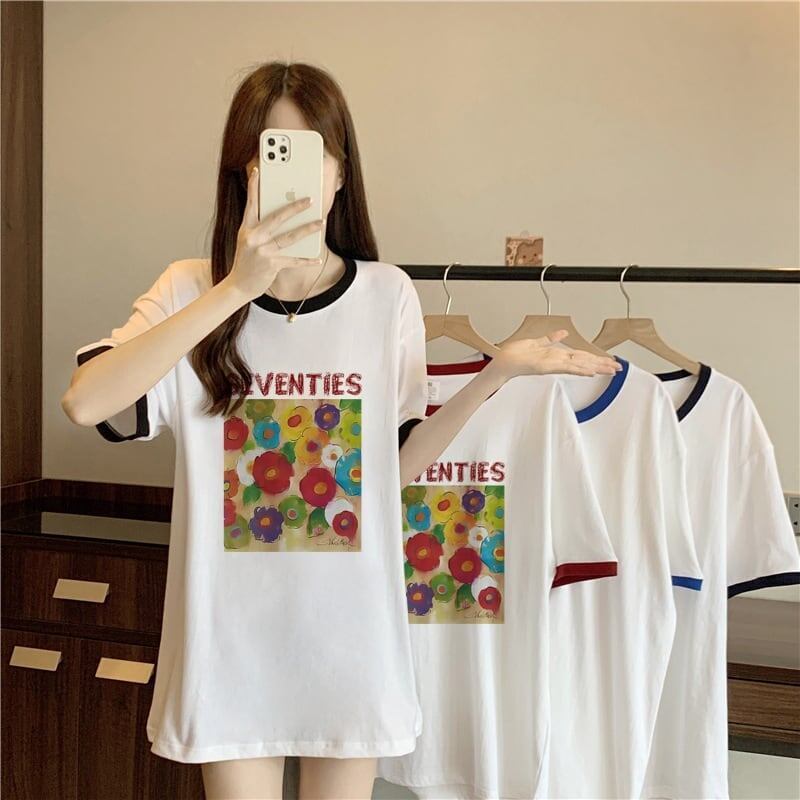 着せ 配色 プリント ロング Tシャツ 四色 ゆったり半袖 ＜S-3019＞