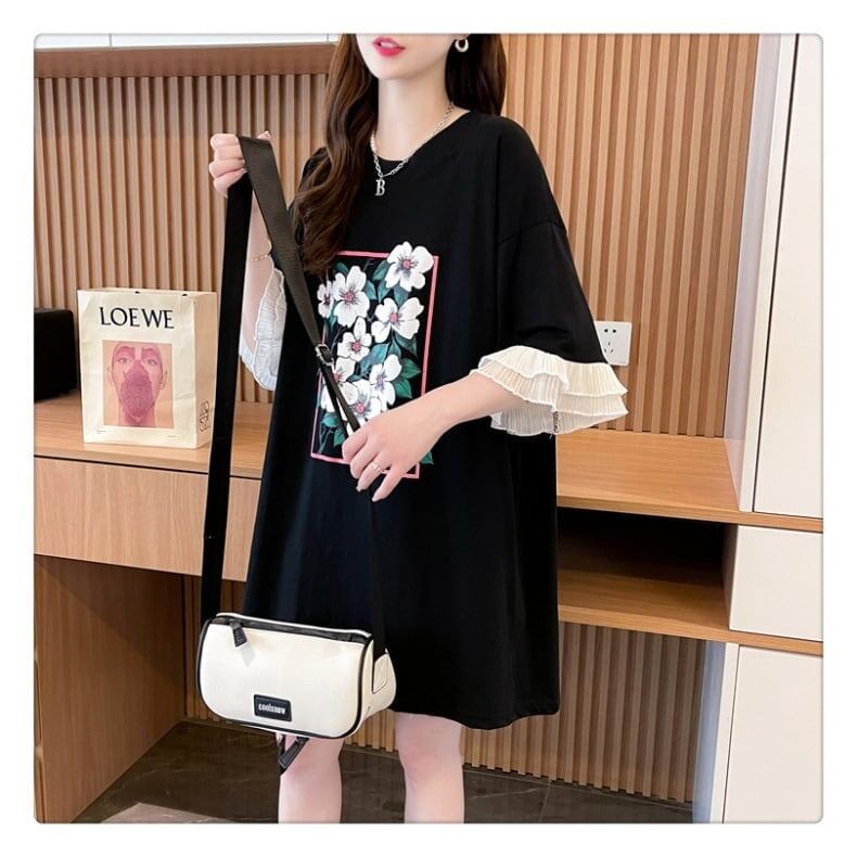 優しい雰囲気 プリント フリル切り替え ロングTシャツ ゆったり半袖＜S-2891＞