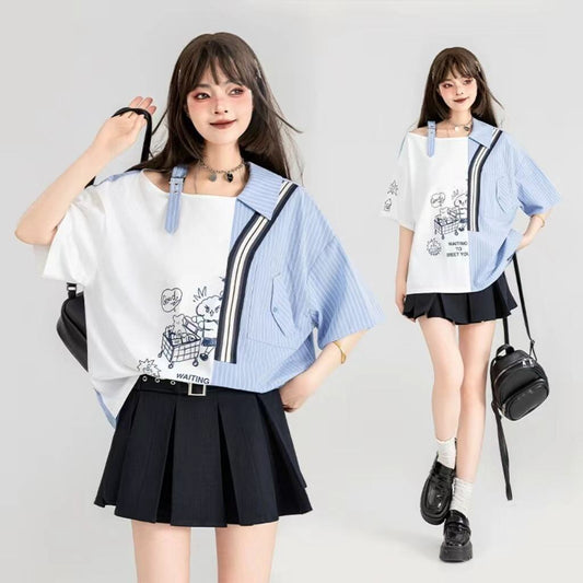 話題沸騰中 キュートストライプ柄 ファッション 切り替え 半袖Tシャツ＜S-8695＞