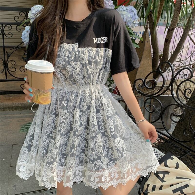売れ筋 切り替え レース フェイクレイヤード 膝丈 半袖 Tシャツワンピース ＜S-1953＞
